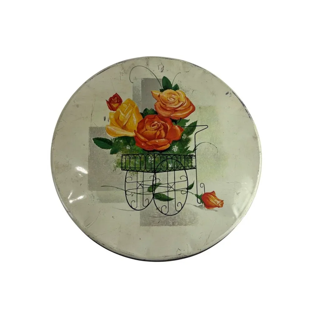Vintage 50s Metal Tin Round Floral Cart Of Roses Decorative Storage Container